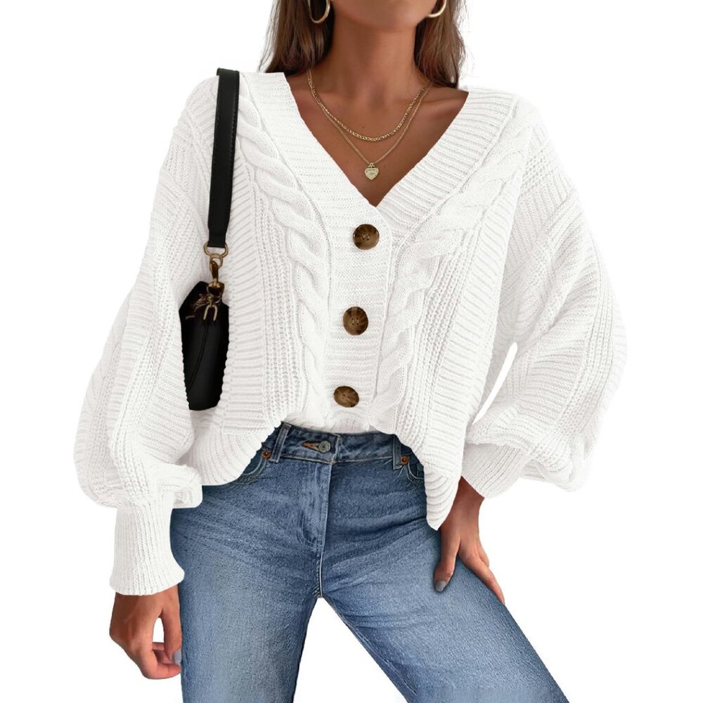 Chunky Cable Knit V-Neck Cardigan Sweater Long Sleeve Button Up